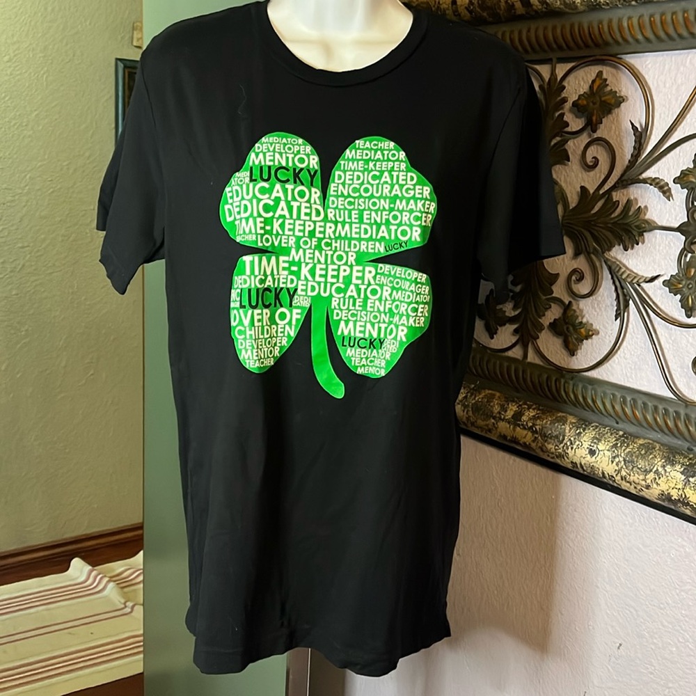 Bella Canvas Teacher Tee SS-“green 4 leaf clover jobs graphics“. Sz M- black